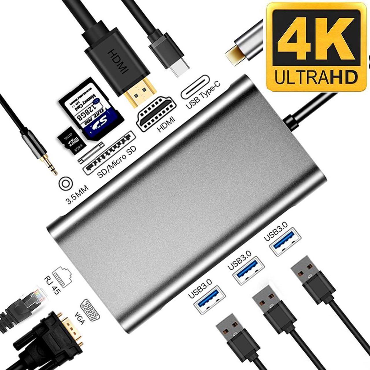 Updated USB C Hub, Jansicotek 10 in 1 Type C Adapter Dock with Giga Ethernet, 4K USBC to HDMI, VGA, 3 USB3.0, Type C PD, SD TF Card Reader, Audio/Mic, for MacBook Pro and Other Type C Laptops