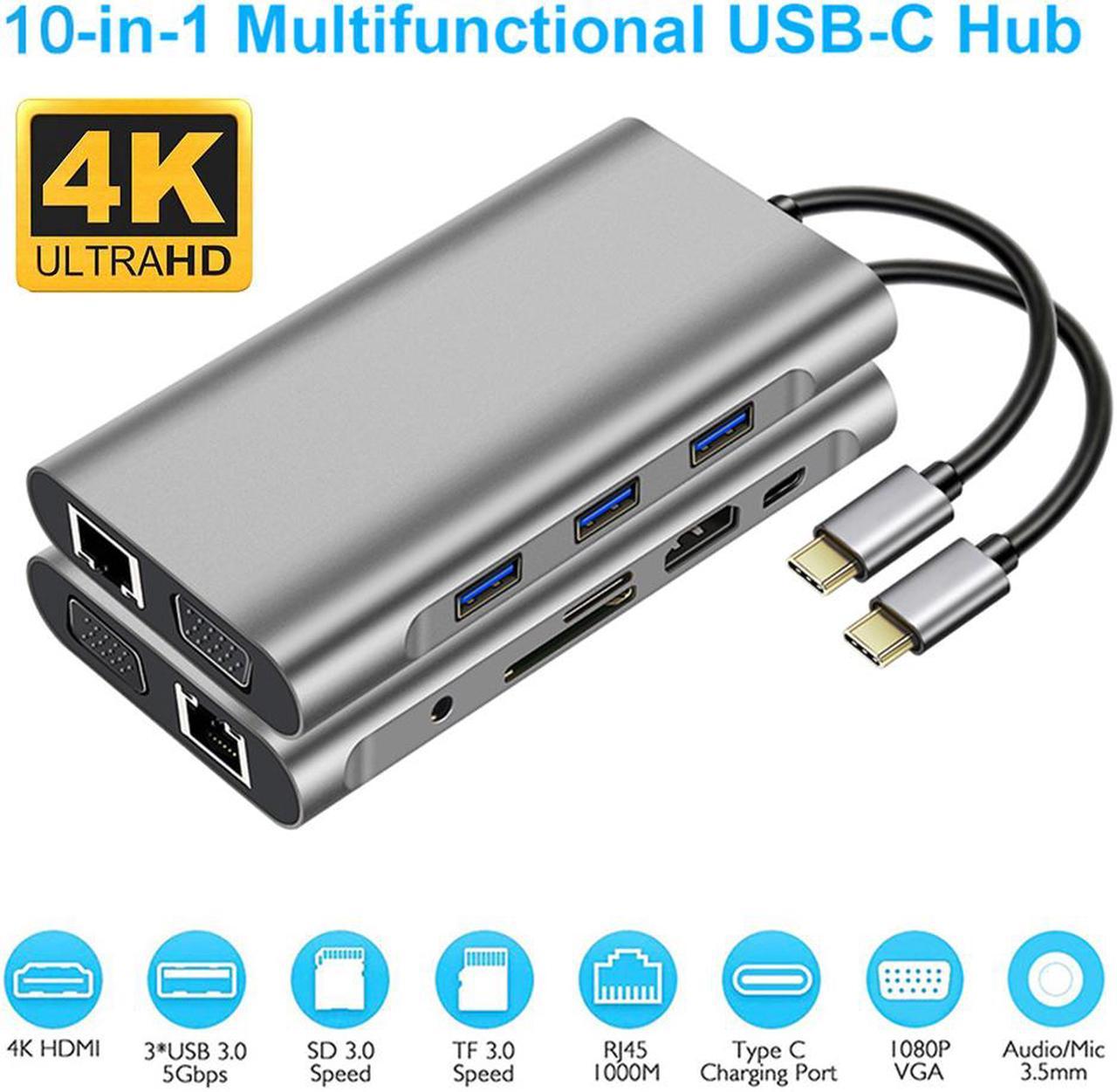 USB C Hub, Type C Hub, Jansicotek 10-in-1 Adapter with Ethernet, 4K USB C to HDMI, VGA, 3 USB3.0 , Micro SD/TF Card Reader, Mic/Audio, USB-C Pd 3.0, Compatible for Mac Pro and Other Type C Laptops