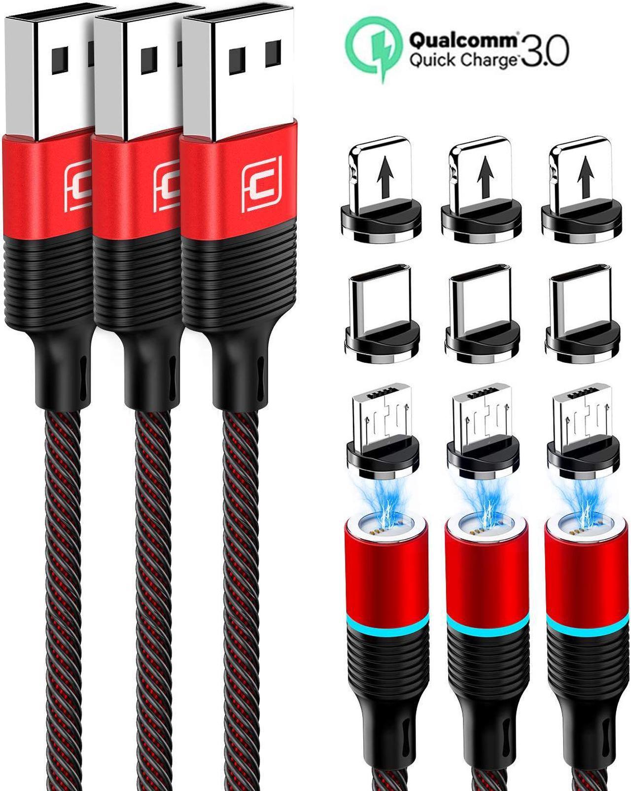 Magnetic QC3.0 Charging Cable(3 Pack,4ft)3 in 1 Cable,Compatible with Mirco USB, Type C Smartphone and iProduct Device(Red)