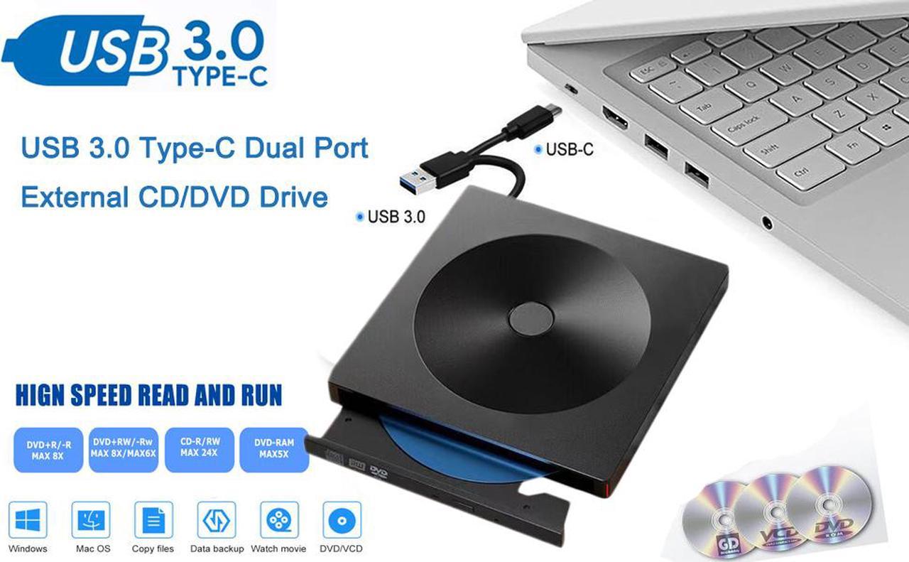 External DVD Drive,Jansicotek USB 3.0 Type-C Portable CD DVD +/-RW Burner Slim DVD/CD Writer Player High Speed Data Transfer Optical Drive for MacBook Air, MacBook Pro, Mac OS, PC Laptop (Black)