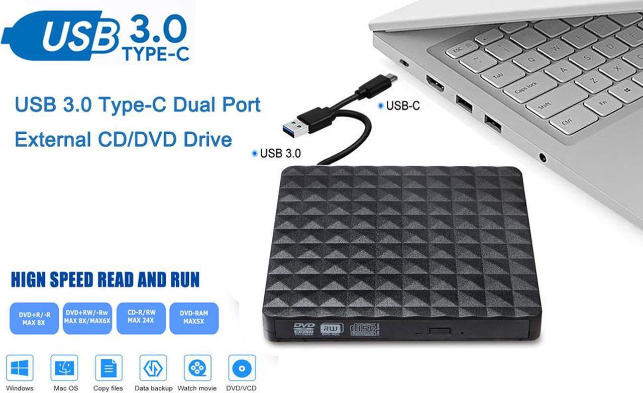 Diamond External DVD Drive, USB 3.0 Type-C Portable CD DVD +/-RW Burner Slim DVD/CD Writer Player High Speed Data Transfer Optical Drive for MacBook Air, MacBook Pro, Mac OS, PC Laptop (Black)