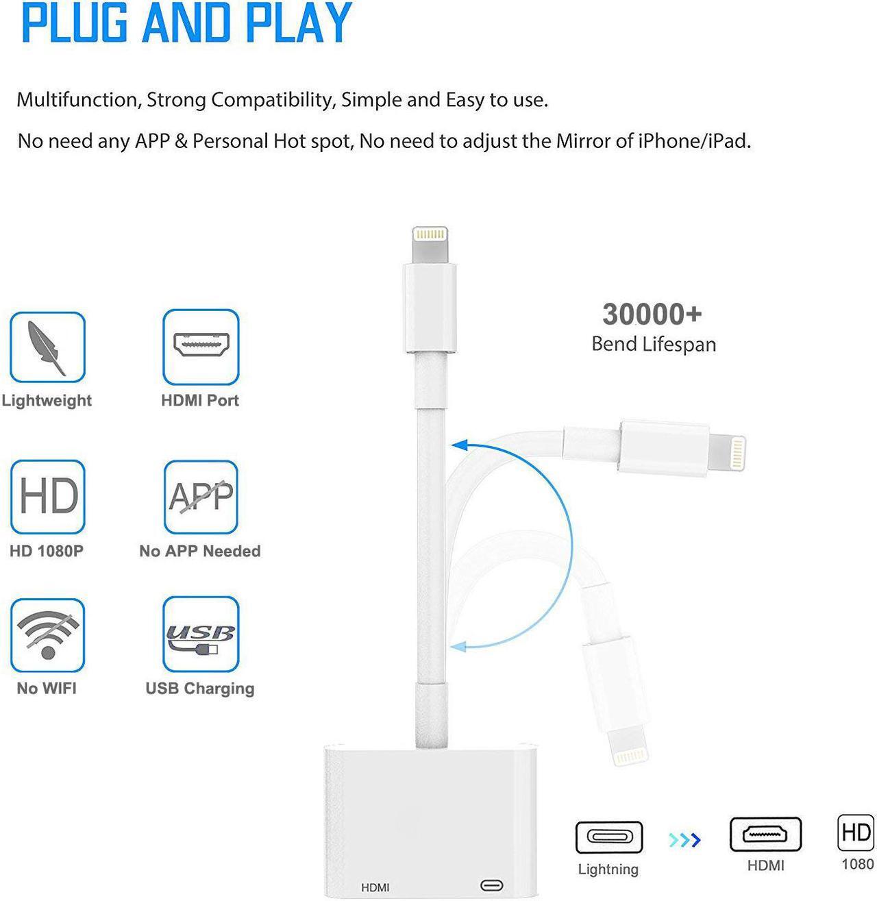 Alt view image 4 of 7 - Lightning to HDMI Adapter Lightning to Digital AV Adapter 1080P with Lightning Charging Port for Select iPhone, iPad and iPod Models and TV Monitor Projector White