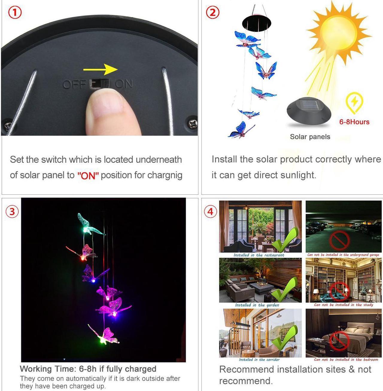 Alt view image 2 of 7 - Solar Butterfly Wind Chimes, Outdoor Waterproof Mobile Romantic LED Multi Color-Changing Solar Sensor Powered Lights for Home, Yard, Night Garden, Party, Valentines Gift, Festival Decor