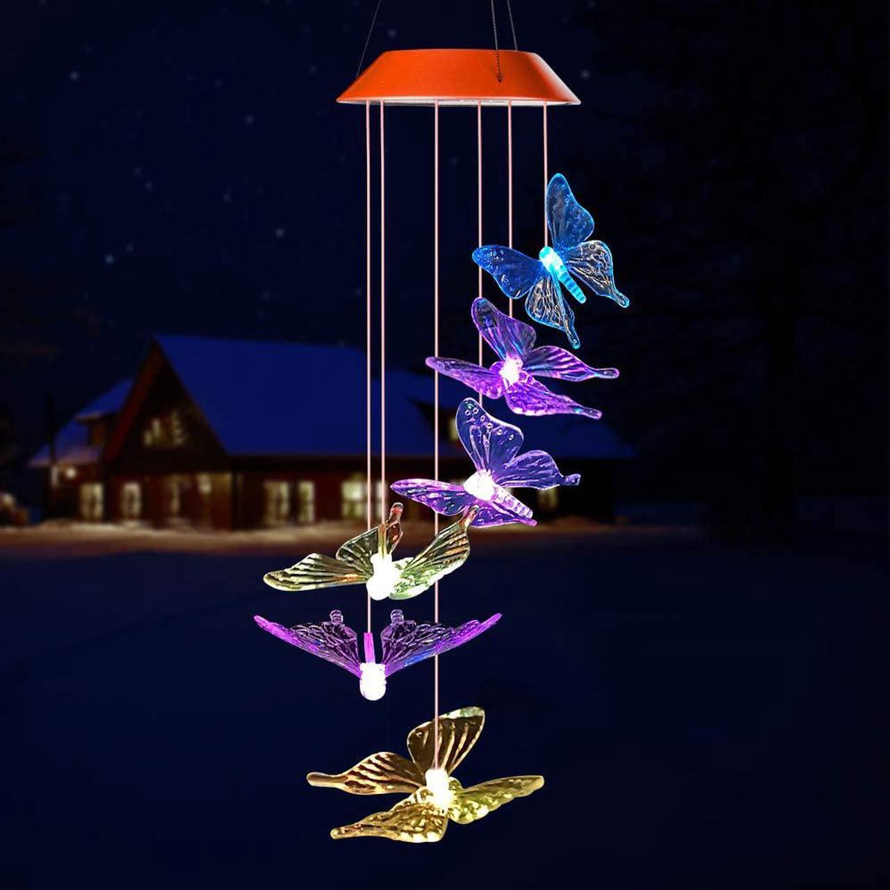 Alt view image 4 of 7 - Solar Butterfly Wind Chimes, Outdoor Waterproof Mobile Romantic LED Multi Color-Changing Solar Sensor Powered Lights for Home, Yard, Night Garden, Party, Valentines Gift, Festival Decor