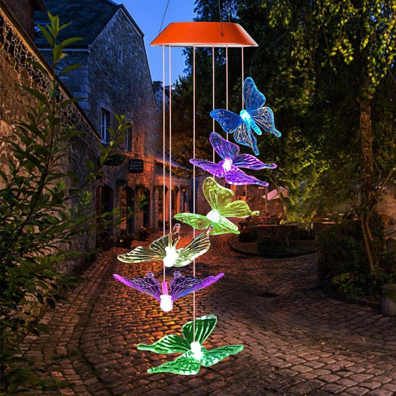 Alt view image 3 of 7 - Solar Butterfly Wind Chimes, Outdoor Waterproof Mobile Romantic LED Multi Color-Changing Solar Sensor Powered Lights for Home, Yard, Night Garden, Party, Valentines Gift, Festival Decor