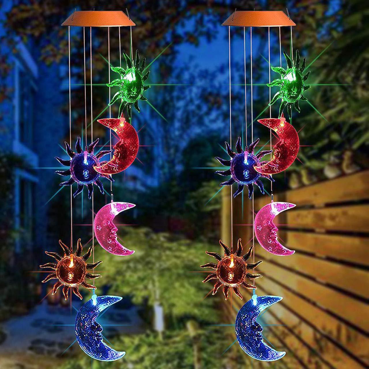 Alt view image 3 of 7 - LED Sun Moon Solar Wind Chimes Light Outdoor Hanging - Waterproof Mobile Romantic Solar Powered Changing Color  Gifts Wind Chimes for Home, Party, Festival, Night Garden Decoration(Sun Moon)