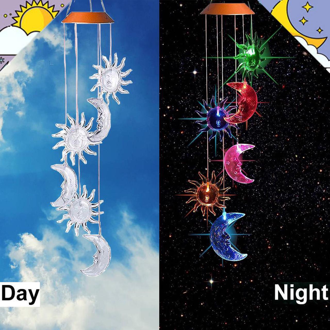 Alt view image 4 of 7 - LED Sun Moon Solar Wind Chimes Light Outdoor Hanging - Waterproof Mobile Romantic Solar Powered Changing Color  Gifts Wind Chimes for Home, Party, Festival, Night Garden Decoration(Sun Moon)