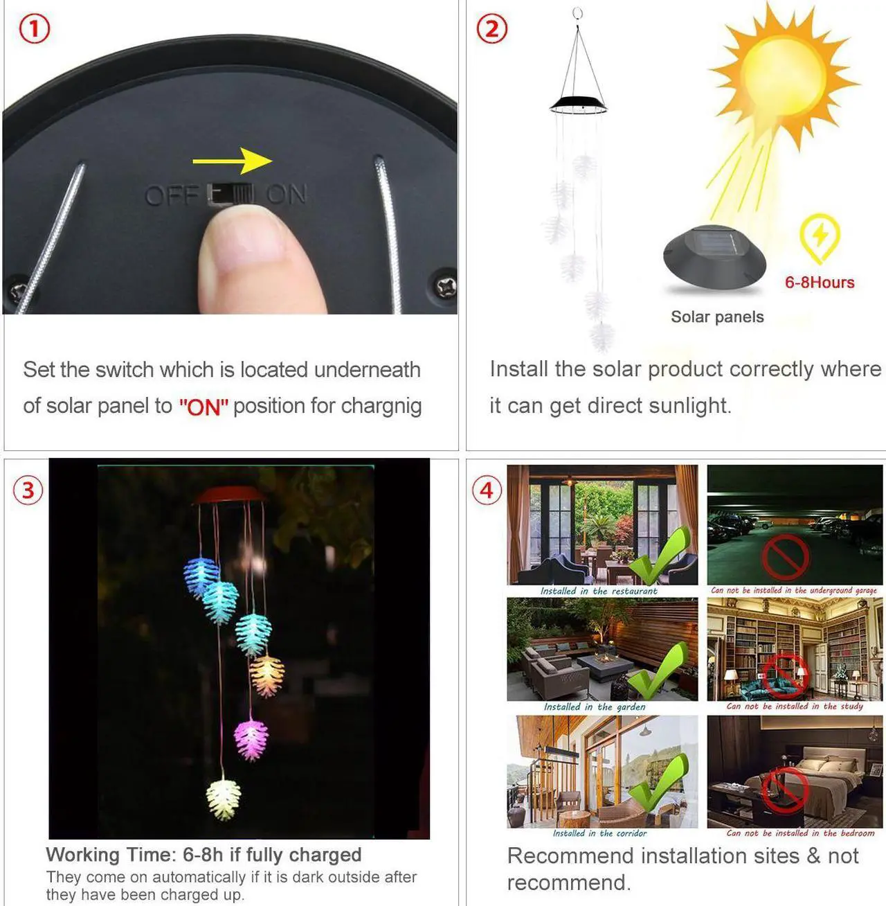 Alt view image 6 of 7 - Wind Chimes, Color Changing Solar Wind Chime Outdoor Mobile Waterproof Six Pine Cone LED Solar String Lights Gifts for Home Party Night Garden Hanging Decoration