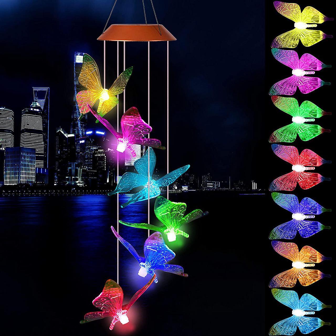 Main image of Solar Butterfly Wind Chimes, Outdoor Waterproof Mobile Romantic LED Multi Color-Changing Solar Sensor Powered Lights for Home, Yard, Night Garden, Party, Valentines Gift, Festival Decor