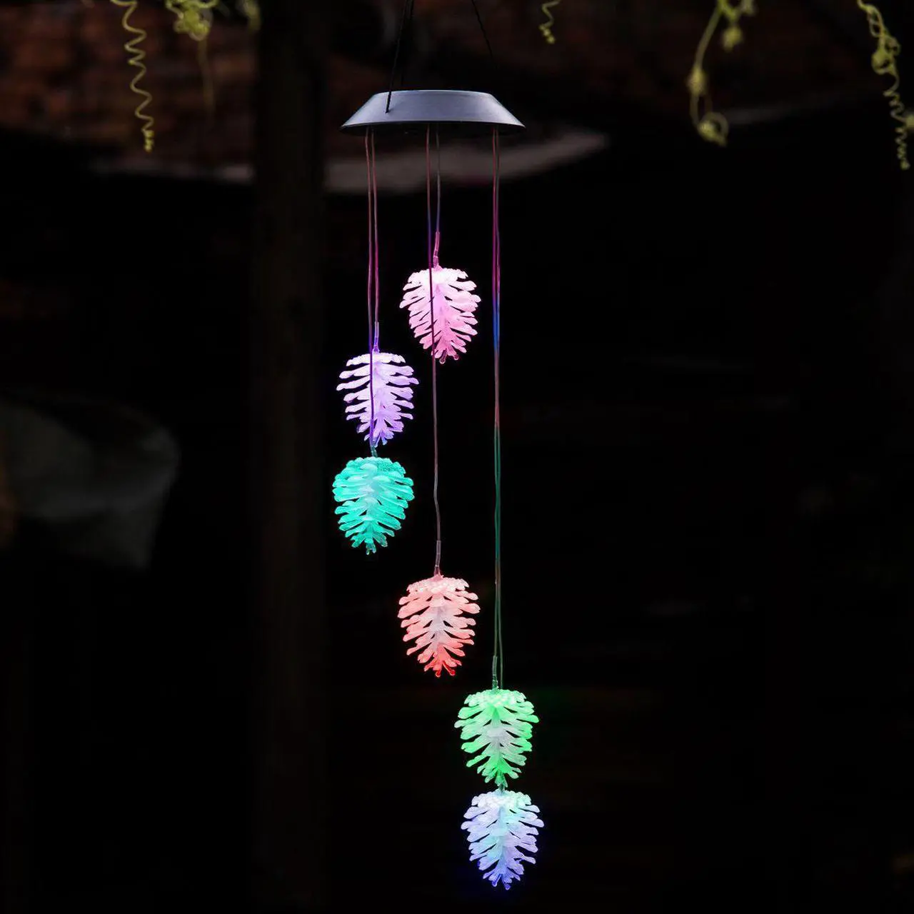 Alt view image 3 of 7 - Wind Chimes, Color Changing Solar Wind Chime Outdoor Mobile Waterproof Six Pine Cone LED Solar String Lights Gifts for Home Party Night Garden Hanging Decoration