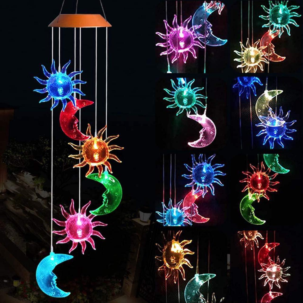 Main image of LED Sun Moon Solar Wind Chimes Light Outdoor Hanging - Waterproof Mobile Romantic Solar Powered Changing Color  Gifts Wind Chimes for Home, Party, Festival, Night Garden Decoration(Sun Moon)