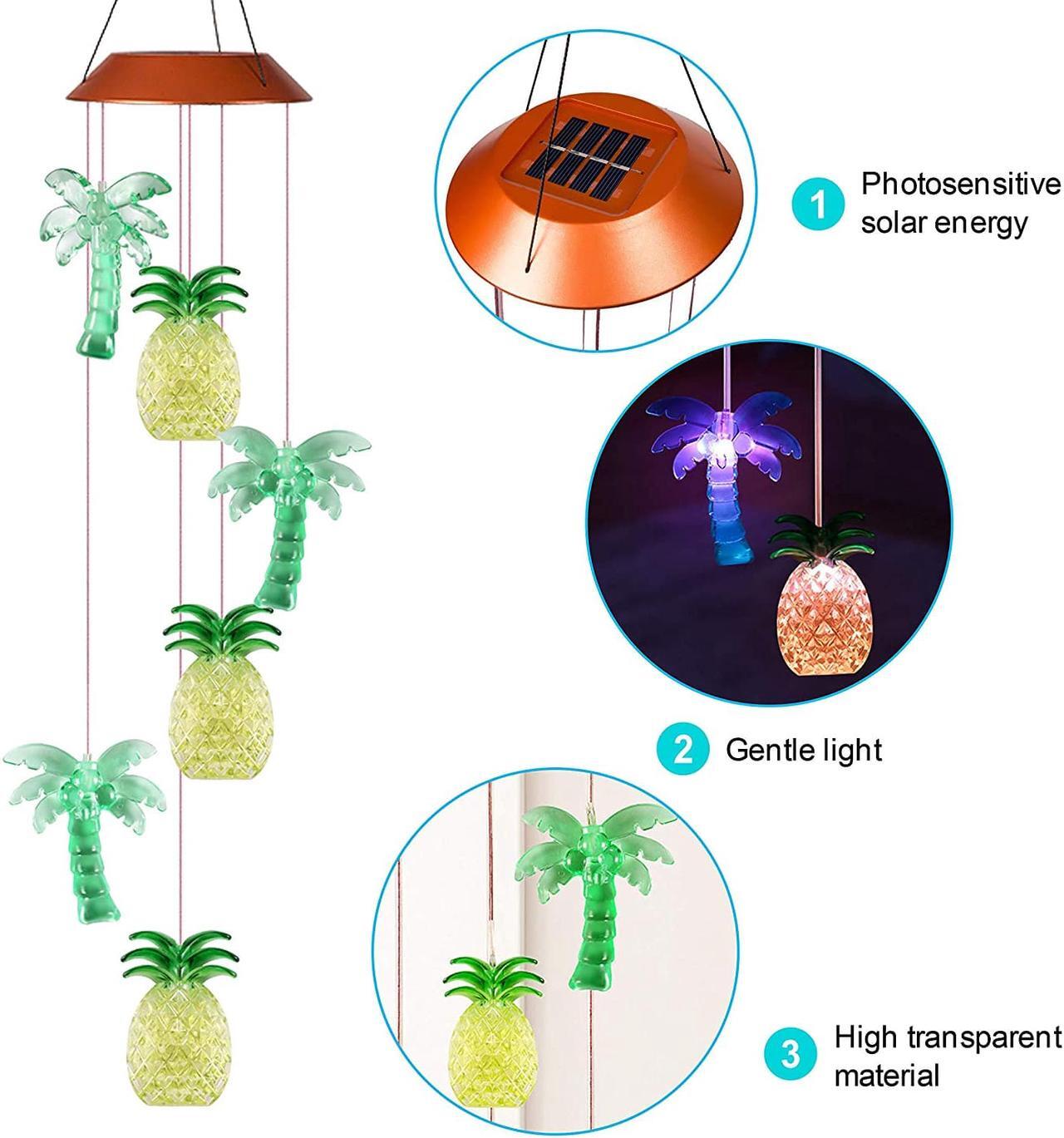 Alt view image 6 of 7 - Wind Chime,Solar Pineapple Coconut Wind Chimes Outdoor Indoor Color Changing Solar Light Mobile,Sun 6 Memorial Wind Chimes,Garden Wind Chimes Pineapple Coconut Wind Chime+S Hook