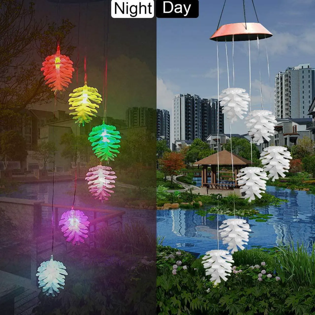 Alt view image 5 of 7 - Wind Chimes, Color Changing Solar Wind Chime Outdoor Mobile Waterproof Six Pine Cone LED Solar String Lights Gifts for Home Party Night Garden Hanging Decoration