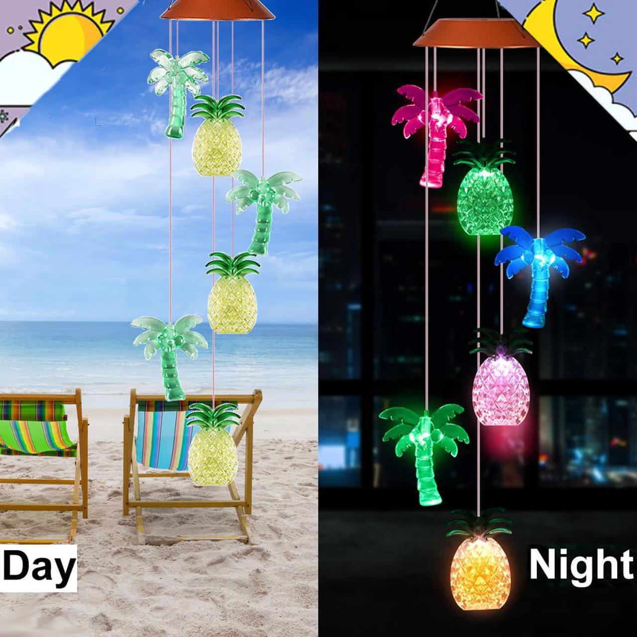 Alt view image 7 of 7 - Wind Chime,Solar Pineapple Coconut Wind Chimes Outdoor Indoor Color Changing Solar Light Mobile,Sun 6 Memorial Wind Chimes,Garden Wind Chimes Pineapple Coconut Wind Chime+S Hook