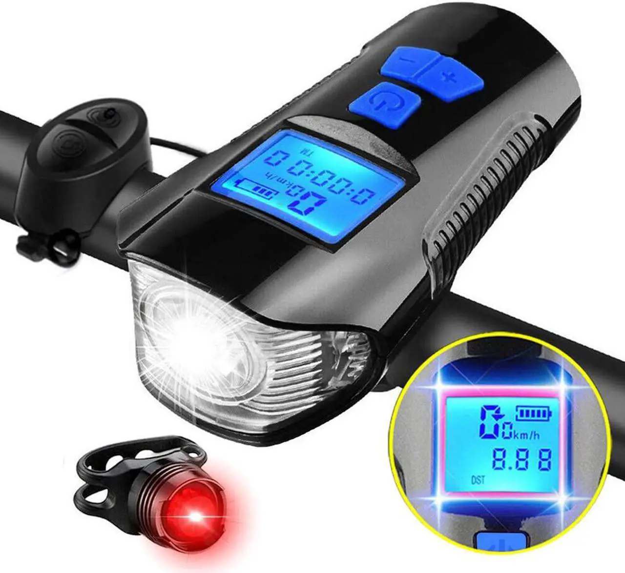 Main image of Ultra Bright USB Rechargeable Bike Light Set with LCD Speedometer Odometer, Powerful Bicycle Front Headlight and Back Taillight, 4 Light Modes, Easy to Install for Men Women Kids Road Mountain Cycling