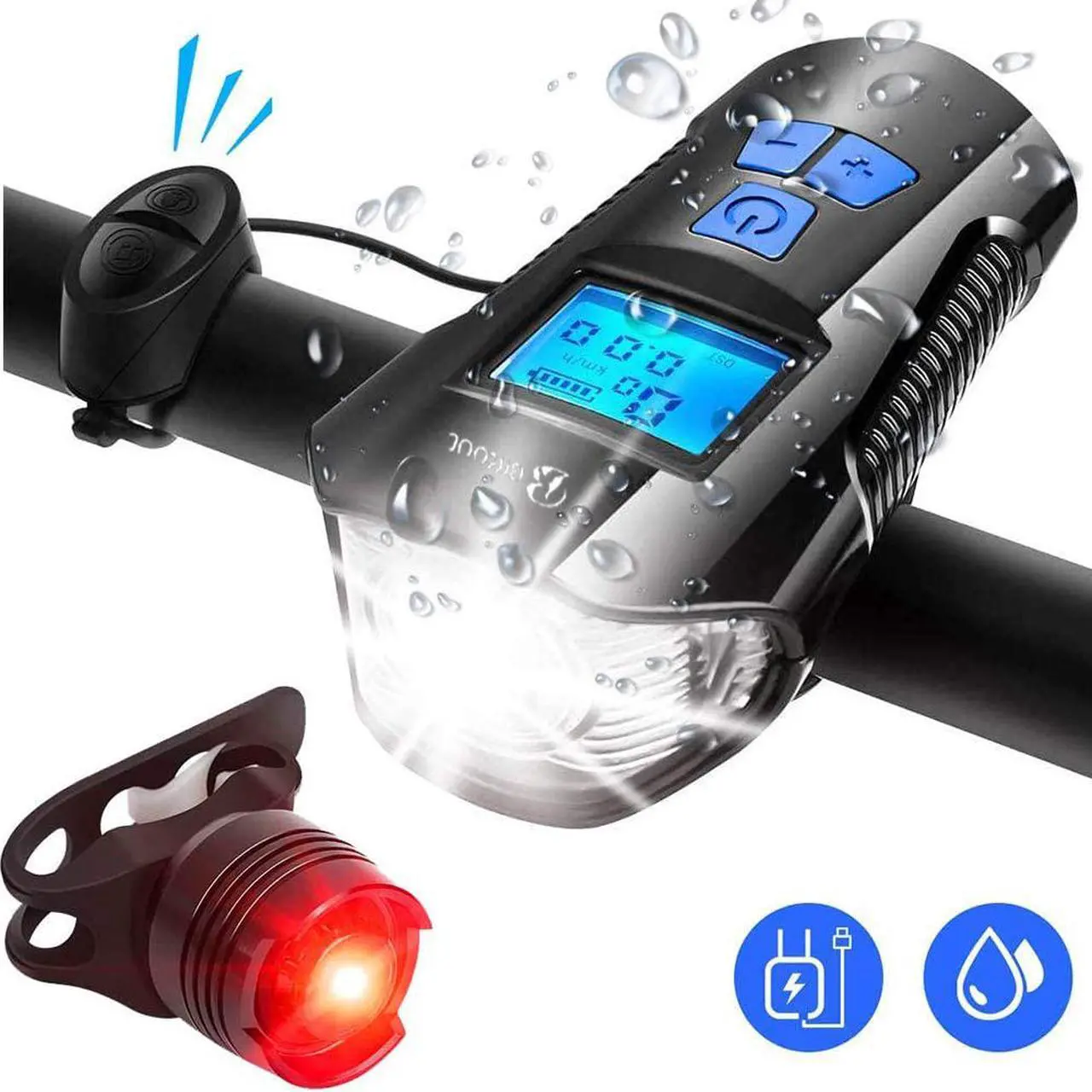 Main image of Upgraded 350 Lumens Bike Light USB Rechargeable with LCD Speedometer Odometer, LED Bicycle Headlight Front and Back Rear Tail Lights, Waterproof, Easy to Install for Men Women Kids Cycling Safety