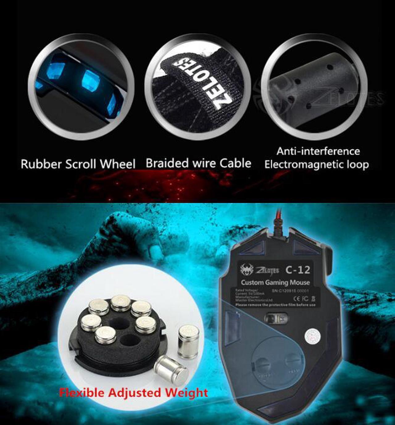 Alt view image 5 of 7 - Zelotes C-12 4000 DPI High-Precision Programmable Laser Gaming Mouse for PC, MMO FPS, 6 Side Buttons, 12 Programmable User Buttons, rgb LED Lighting (Black)