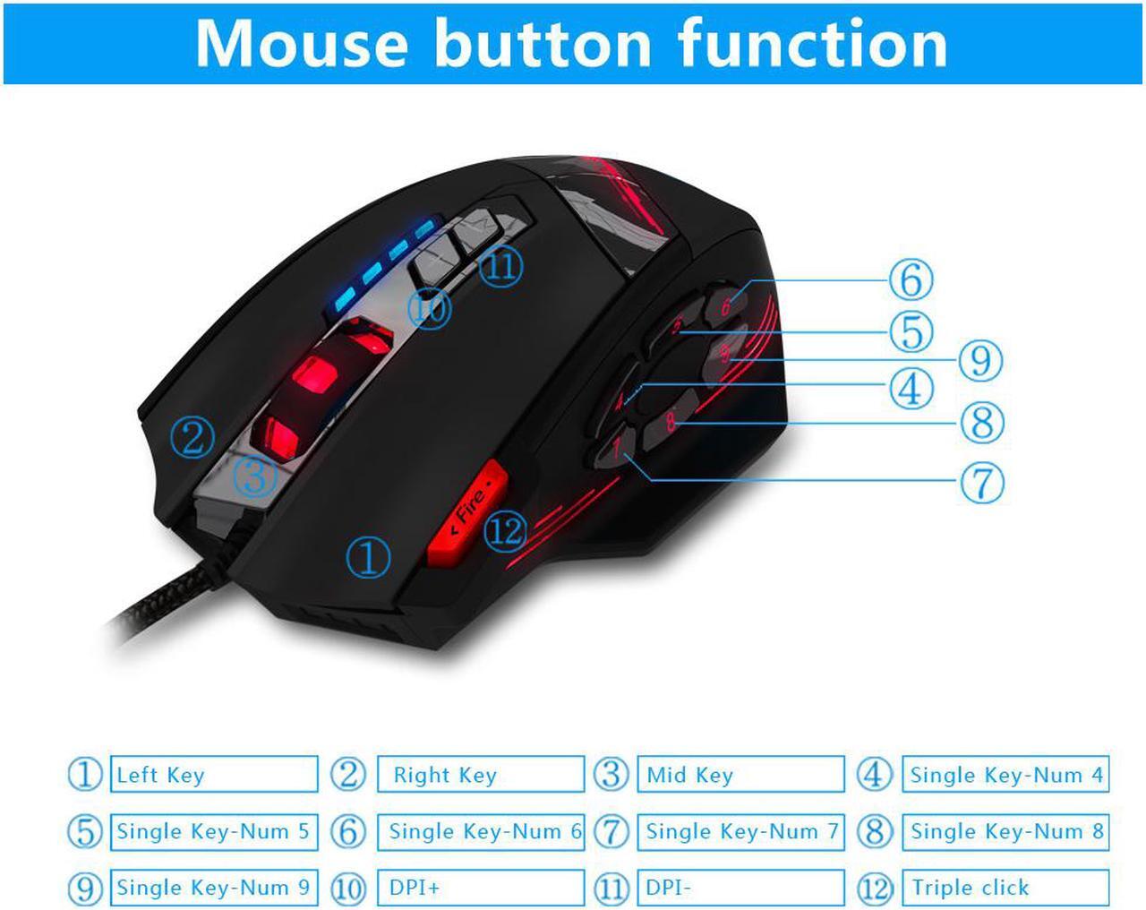 Alt view image 3 of 7 - Zelotes C-12 4000 DPI High-Precision Programmable Laser Gaming Mouse for PC, MMO FPS, 6 Side Buttons, 12 Programmable User Buttons, rgb LED Lighting (Black)