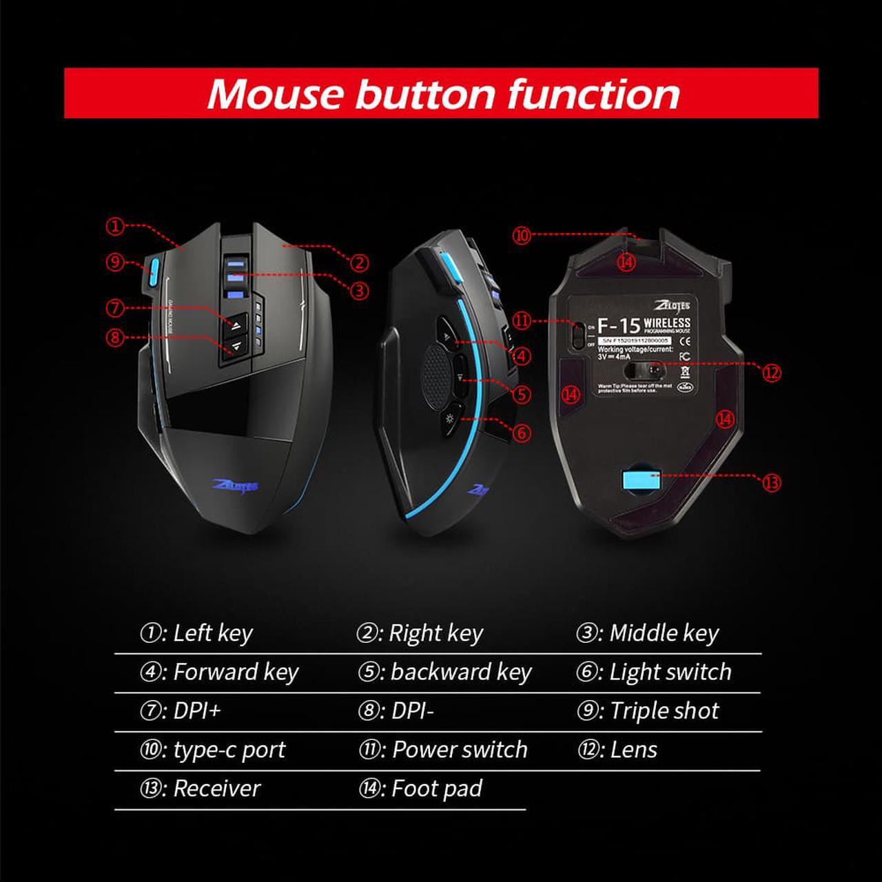 Alt view image 4 of 7 - Jansicotek Wired/Wireless Gaming Mouse Programmable Gaming Mouse with 4800 DPI and RGB Backlight for PC/Mac/Laptop , Black