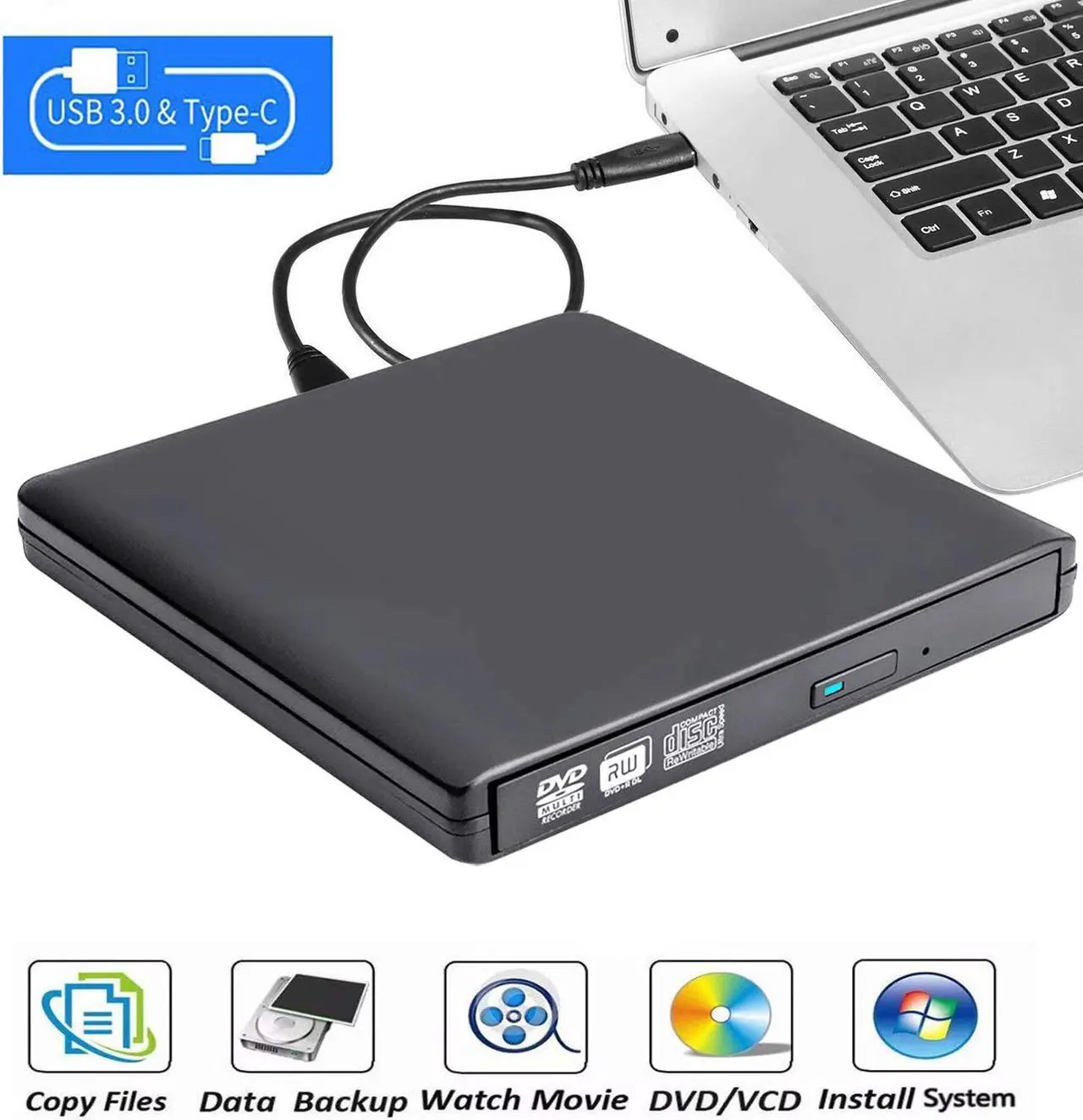 Main image of Jansicotek Aluminum CD DVD Drive USB 3.0 and Type-C Portable CD/DVD Player for Laptop CD Drive Reader Writer Burner Compatible with Laptop Desktop PC Windows Linux Apple Mac Black, (XD058) Black