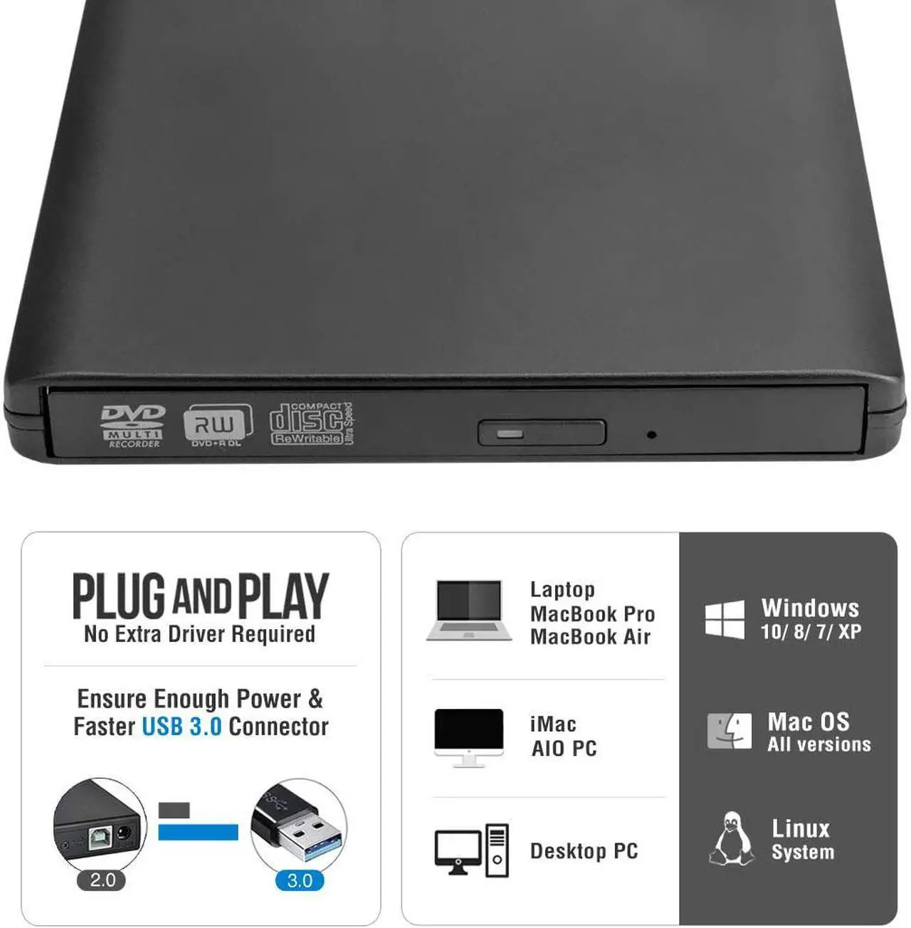 Alt view image 3 of 7 - Aluminum External DVD Drive, USB 3.0 Type C CD Drive, Dual Port DVD Player, Portable Optical Burner Writer Rewriter, High Speed Data Transfer for Laptop Notebook Desktop PC MAC OS Windows, Black
