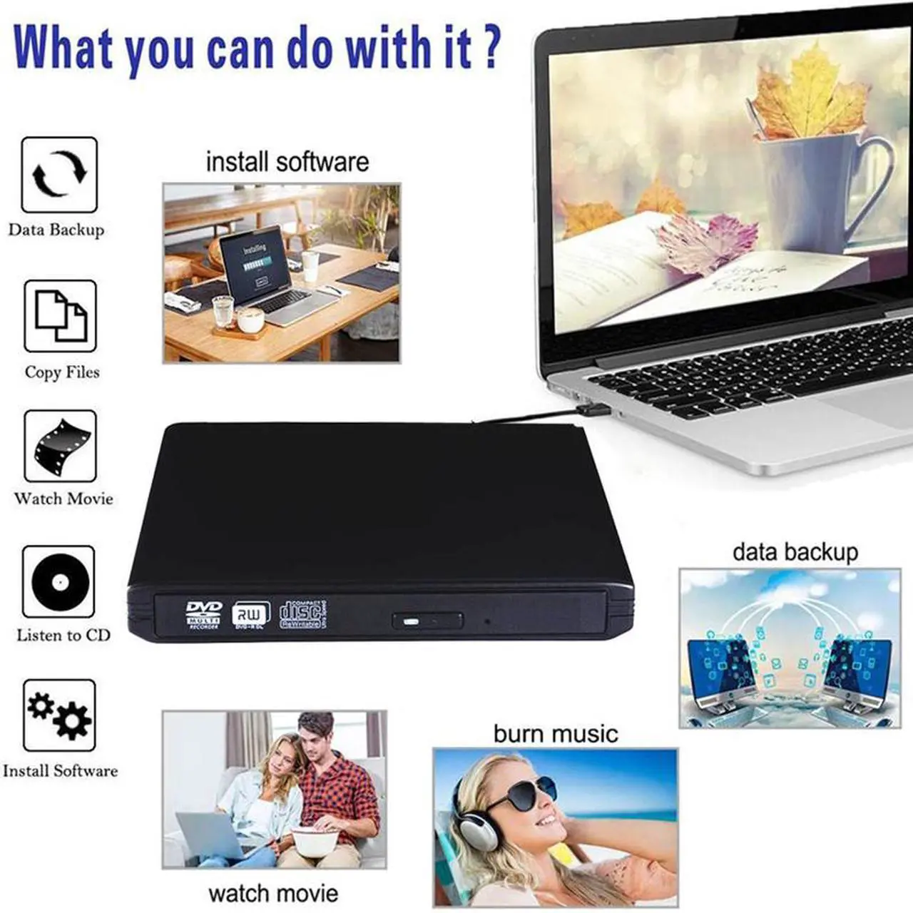 Alt view image 2 of 7 - Jansicotek Aluminum CD DVD Drive USB 3.0 and Type-C Portable CD/DVD Player for Laptop CD Drive Reader Writer Burner Compatible with Laptop Desktop PC Windows Linux Apple Mac Black, (XD058) Black
