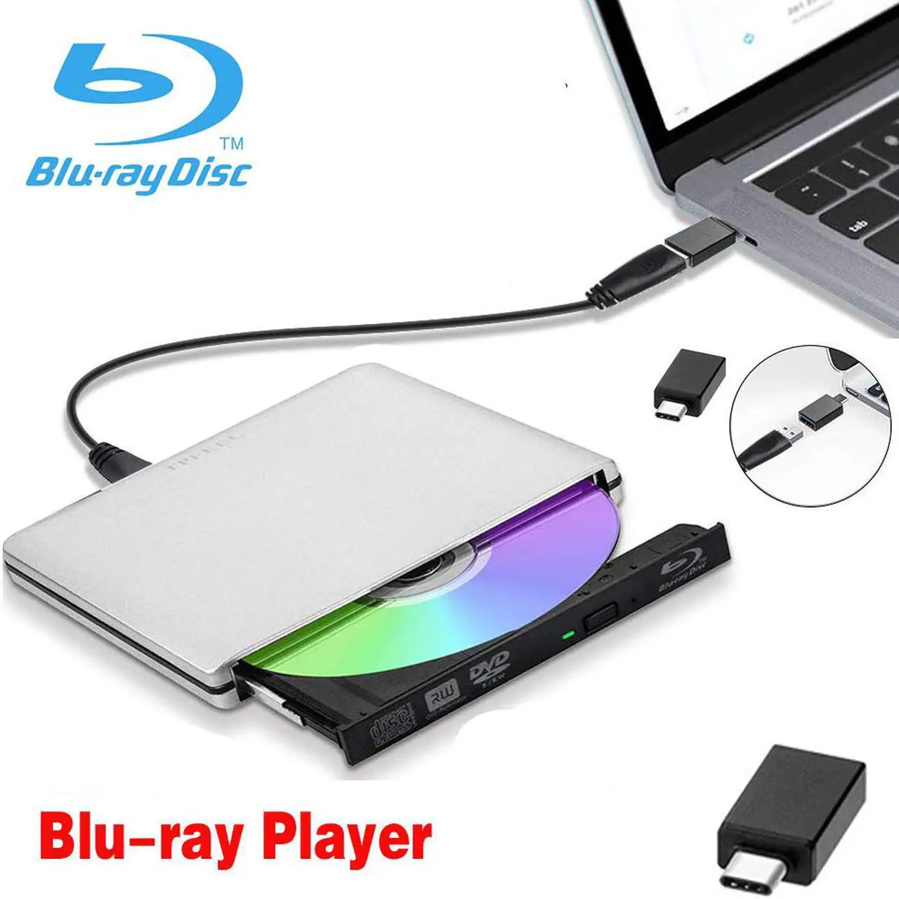 Main image of Jansicotek Aluminum External Blu-Ray Player Drive Portable CD/DVD ROM +/-RW Optical Drive Player Reader Writer Burner for Windows 10/8/7, Linux, Mac Laptop Desktop PC, MacBook Pro/ Air, iMac, Silver