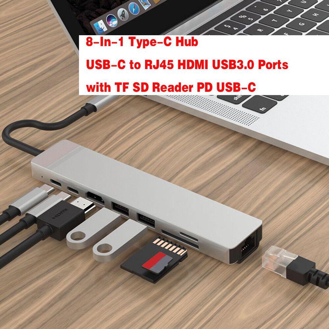 USB C Hub, 8-in-1 Type C Adapter Mini Docking Station with 4K HDMI, RJ45 Port, 2 USB 3.0 Ports, SD/TF Card Reader, 87W Power Supply,Type-C Data Port for iPad Pro/MacBook/Type C Devices