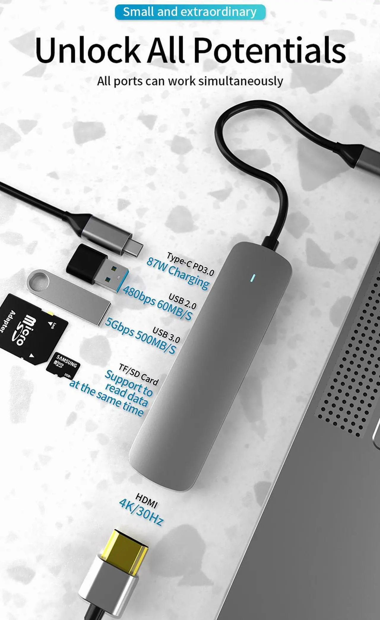 Alt view image 2 of 7 - USB C Hub,Jansicotek 6-In-1 Type C Hub with 4K USB C to HDMI, USB 3.0Ports, USB 2.0 Port, SD/TF Card Reader, USB-C Power Delivery, Portable for Mac Pro and Other Type C Laptops