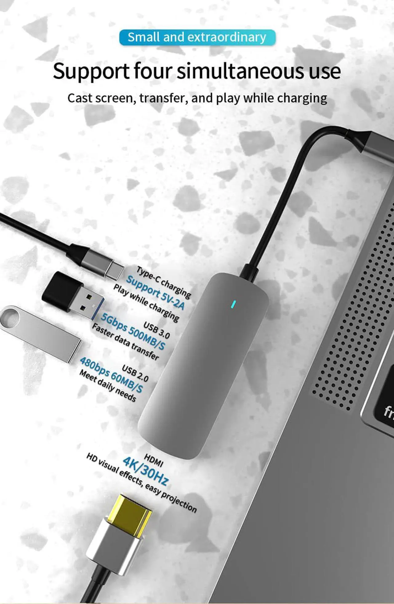 Alt view image 2 of 7 - 4-in-1 USB C Hub Docking Station, Aluminum Type-C Adapter with USB-C PD, 4K HDMI, USB 3.0, 60W Power Delivery, Compatible with MacBook Air, MacBook Pro/Air&USB-C Laptop