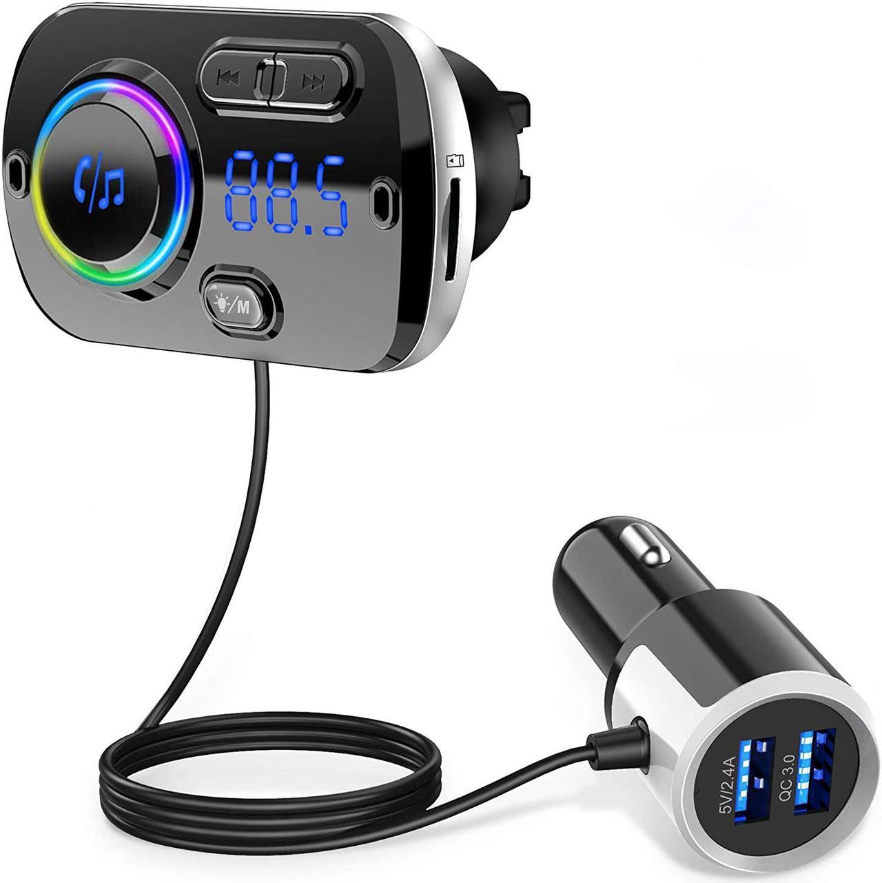 Bluetooth FM Transmitter Car Adapter,Support Wireless Handsfree Call and MP3 Music/APP Audio Play,7 Colors LED Backlit,QC3.0 Dual USB Charger,3.5mm AUX Port for iPhone,iPad,Samsung and More