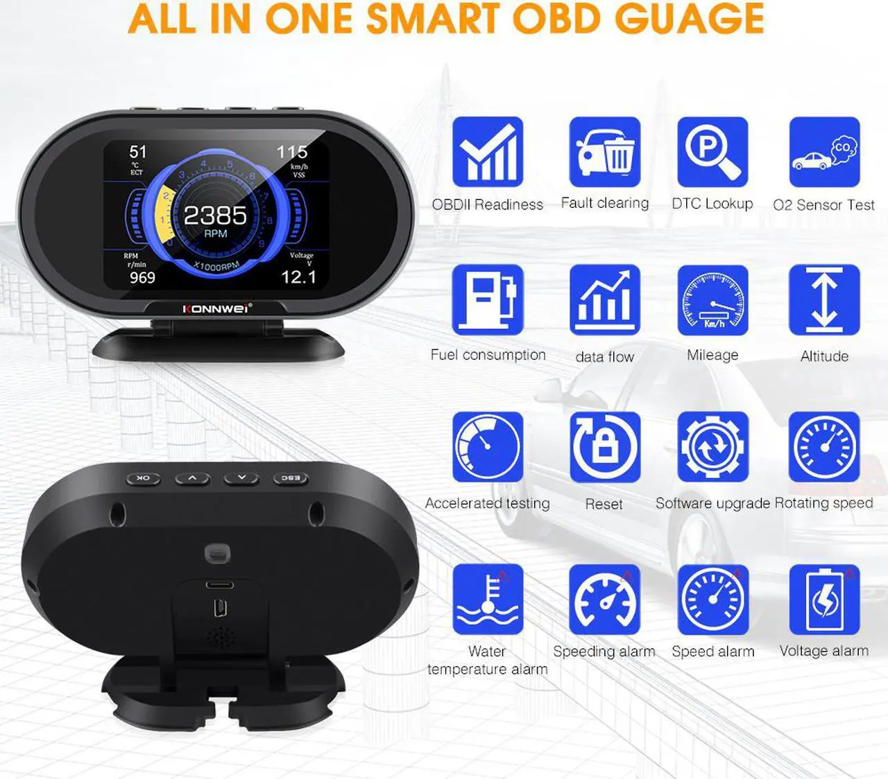 Alt view image 2 of 7 - KW206 Universal Car OBD2 HUD Head Up Display Digital Speedometer OBDII EUOBD with Speedometer Tachometer Water Temperature Fuel Pressure Tester for All 1996 and Newer Cars