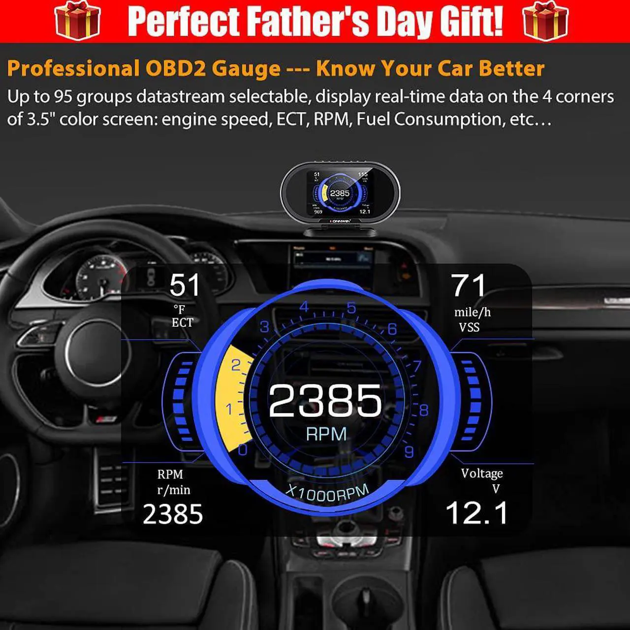Alt view image 4 of 7 - KW206 Universal Car OBD2 HUD Head Up Display Digital Speedometer OBDII EUOBD with Speedometer Tachometer Water Temperature Fuel Pressure Tester for All 1996 and Newer Cars