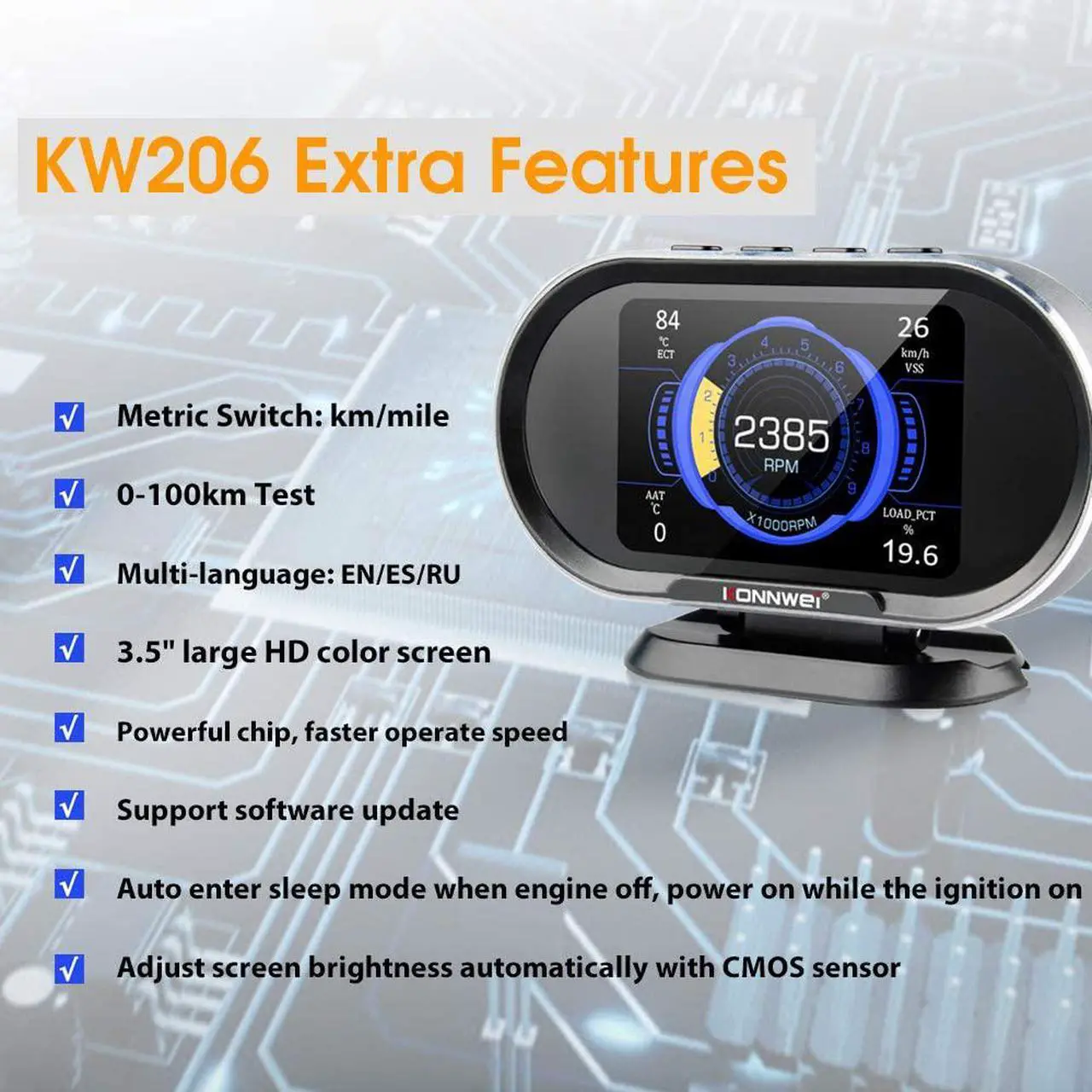 Alt view image 3 of 7 - KW206 Universal Car OBD2 HUD Head Up Display Digital Speedometer OBDII EUOBD with Speedometer Tachometer Water Temperature Fuel Pressure Tester for All 1996 and Newer Cars