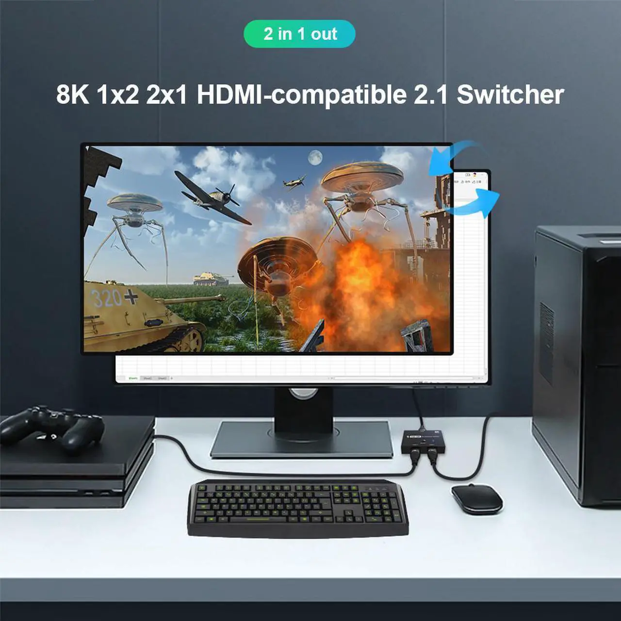 Alt view image 4 of 7 - Bi-Direction 8K HDMI Switcher, High Speed 48Gbps 2 in 1 out/1 in 2 out Splitter 8K@60Hz 4K@120Hz Directional 2.1 Converter for PS4 TV Box HDTV Xbox Projector