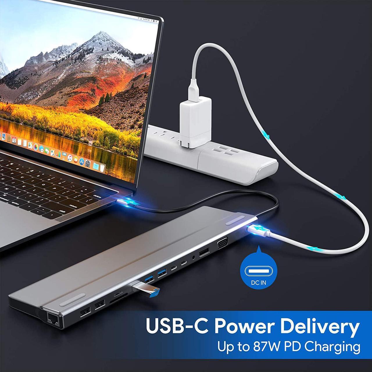 Alt view image 4 of 7 - USB C Docking Station Dual Display 14 in 1 Dual Monitor USB C Hub Multiport Adapter with HDMI VGA Ethernet,3.5mm Audio, Gigablit Dongle Laptop Hub 87W PD, USB C Dock for MacBook/Dell/Surface/HP
