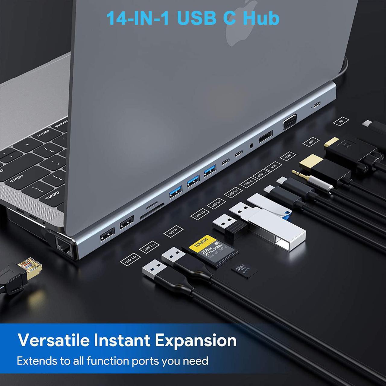 Alt view image 2 of 7 - USB C Docking Station Dual Display 14 in 1 Dual Monitor USB C Hub Multiport Adapter with HDMI VGA Ethernet,3.5mm Audio, Gigablit Dongle Laptop Hub 87W PD, USB C Dock for MacBook/Dell/Surface/HP
