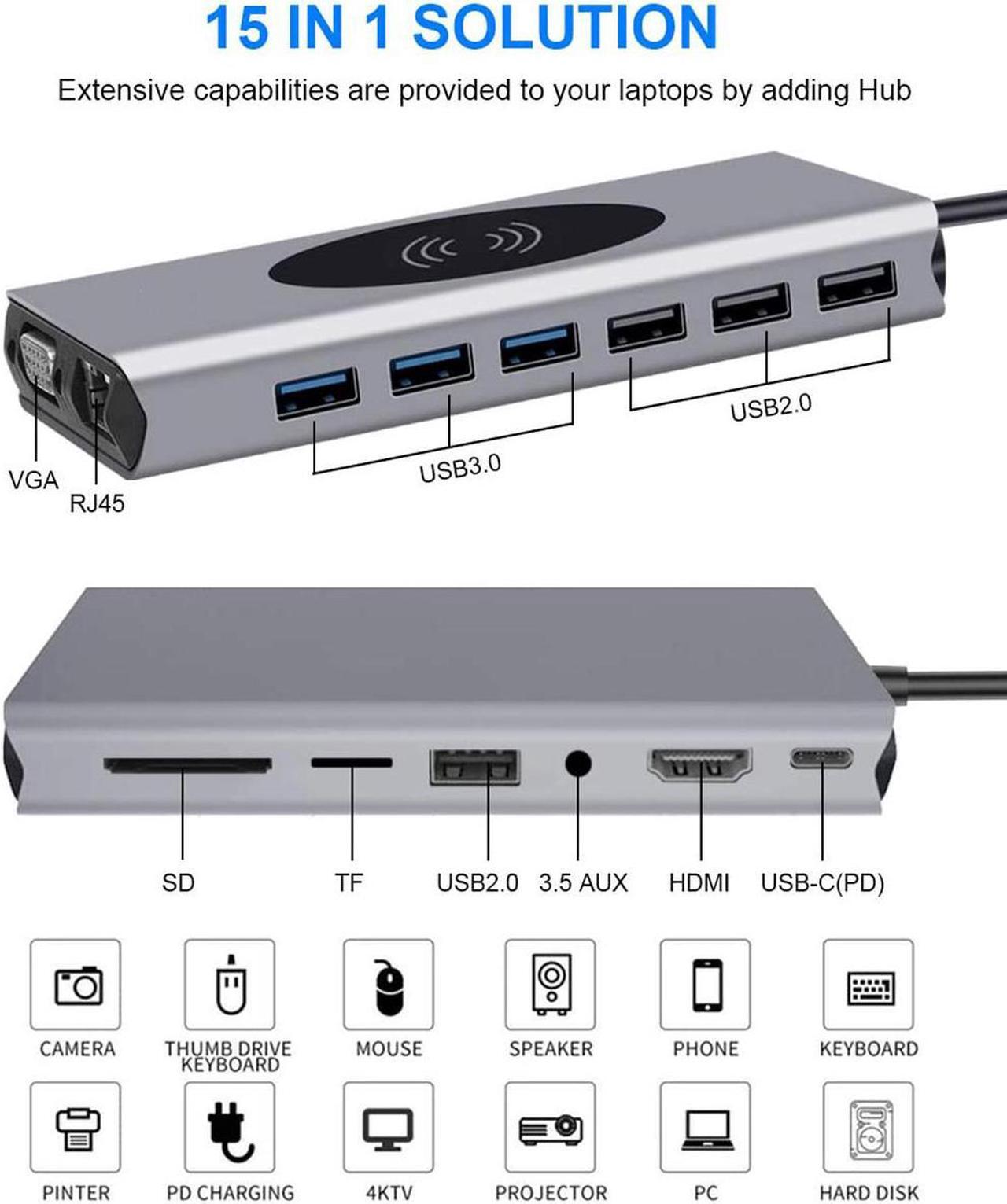 Alt view image 2 of 7 - Upgraded Docking Station Dual Monitor for MacBook Air M1 & Windows/Thunderbolt 3 Dock, 15 in 1 USB C Hub with 4K HDMI,87W PD,VGA,Gigabit Ethernet, USB 3.0, Audio, SD TF Card Reader,Wireless Charging
