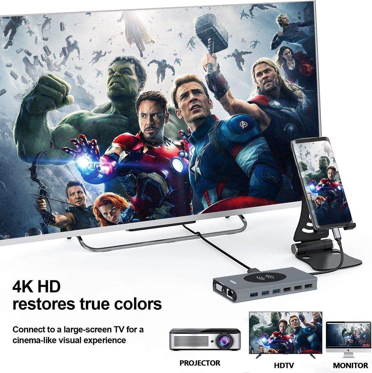 Alt view image 6 of 7 - Upgraded Docking Station Dual Monitor for MacBook Air M1 & Windows/Thunderbolt 3 Dock, 15 in 1 USB C Hub with 4K HDMI,87W PD,VGA,Gigabit Ethernet, USB 3.0, Audio, SD TF Card Reader,Wireless Charging