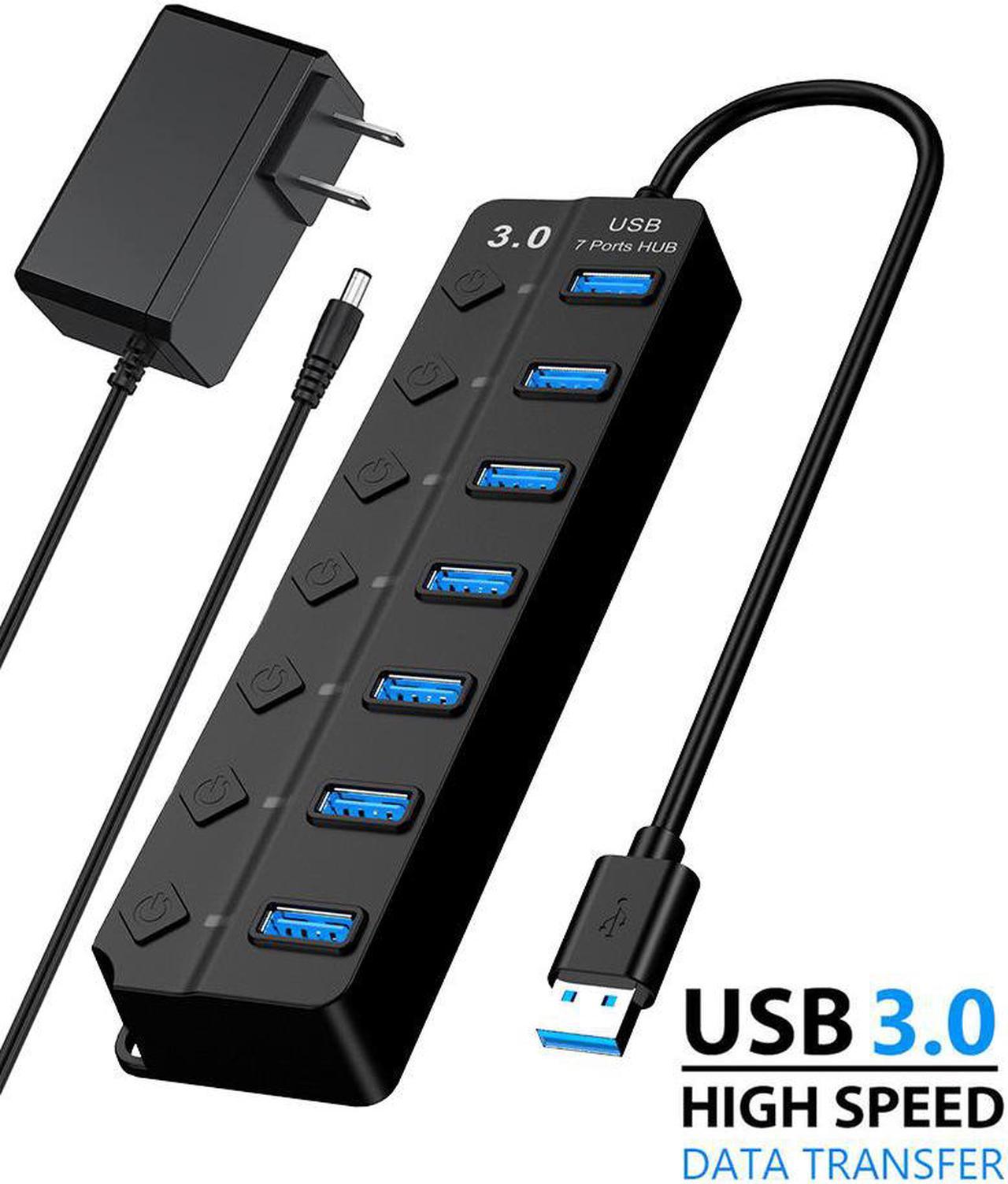 Powered USB 3.0 Hub, 7 Ports USB Data Hub Splitter Plus USB Extension Including Individual Switches and 5V DC Power Adapter - Black(7IN1HUB)