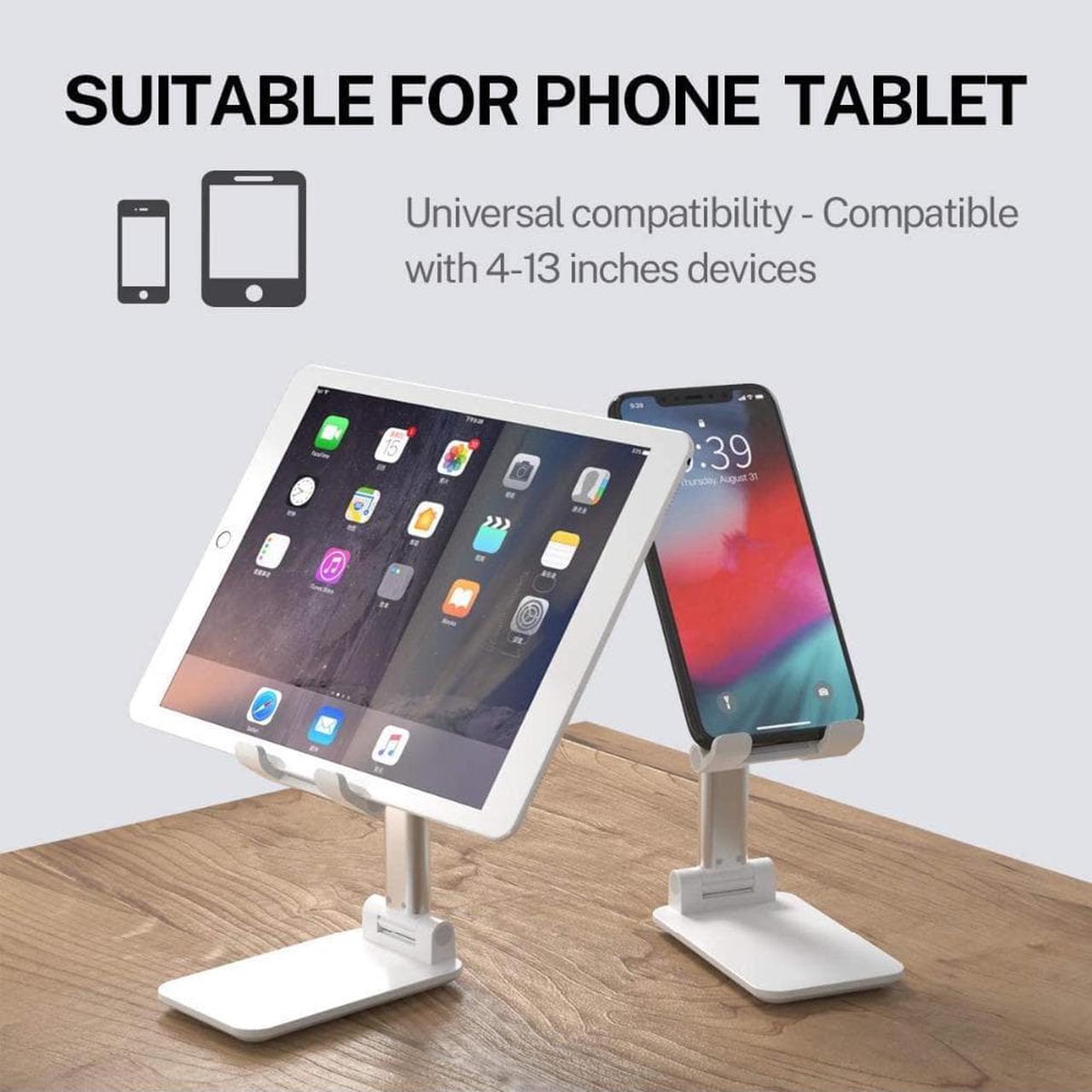Alt view image 5 of 7 - T9 Desktop Cell Phone Stand,Portable Foldable Cellphone Stand Holder for Office,Adjustable iPhone Stand Compatible with All 4-12.9Inches Phone, iPhone, iPad, Tablet e-Reader Desk Accessories, White