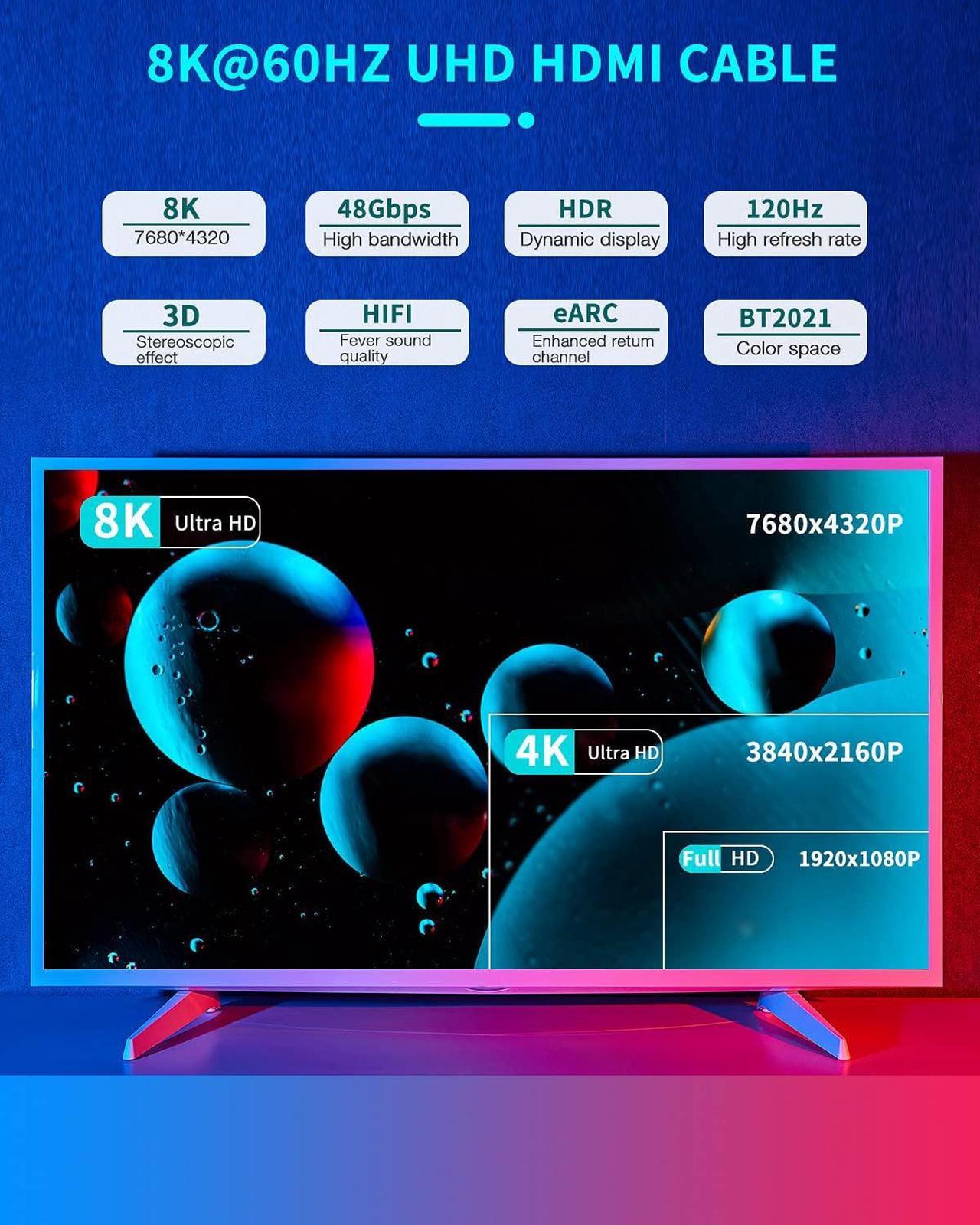 Alt view image 2 of 7 - 8K@60Hz HDMI Cable, Ultra High Speed 4K@120Hz 48Gbps 10 ft Ultra HD HDMI to HDMI Cord, Support Dynamic HDR, eARC, Dolby Atmos, Compatible with PlayStation 5, Xbox Series X, Samsung TVs