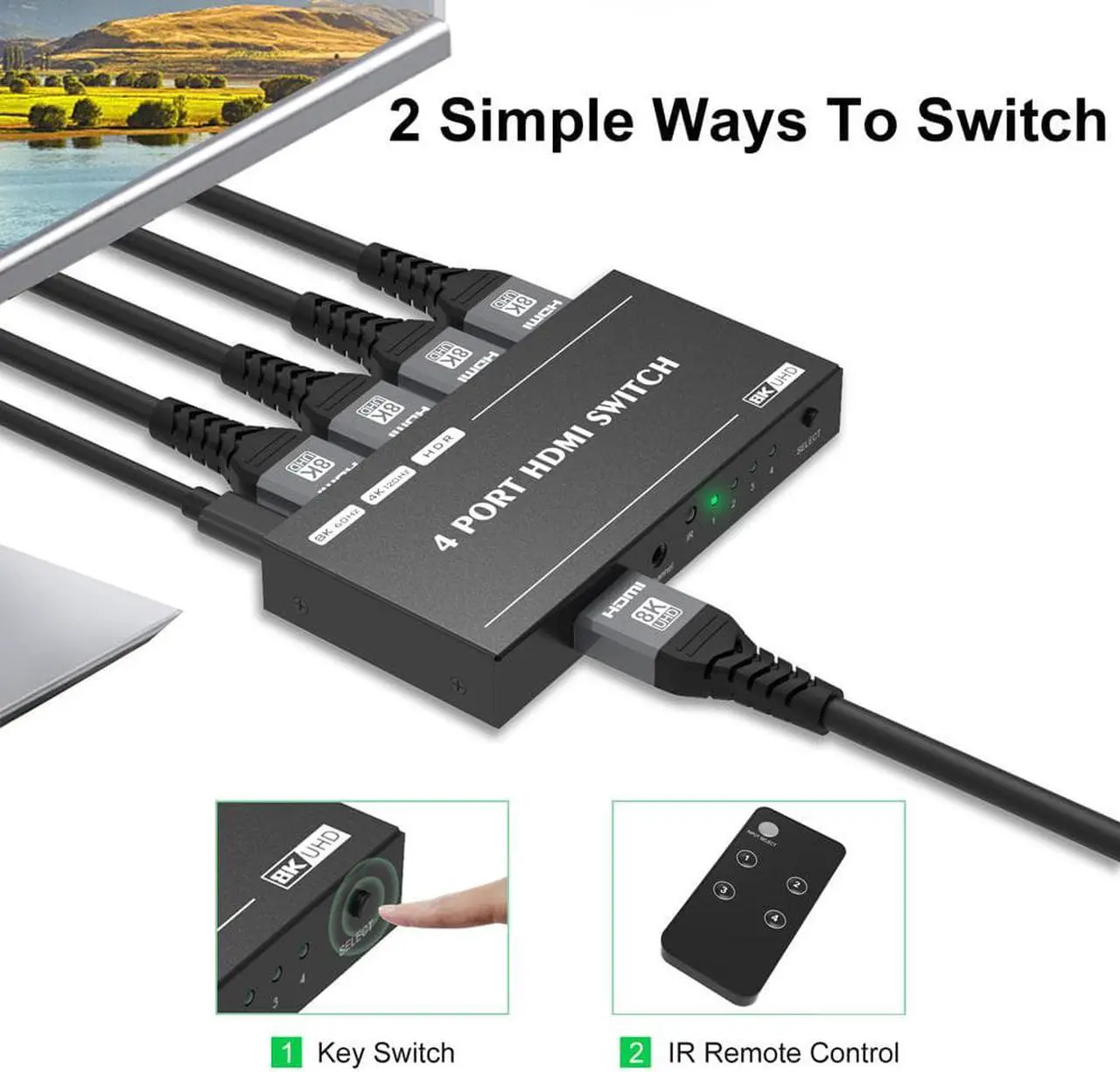 Alt view image 3 of 7 - Jansicotek Aluminum Shell HDMI 2.1 Switch 8K Directional 8K@60Hz 4K@120Hz 1440P@165Hz 1080P@240Hz 4in 1out High Speed 48Gbps eARC Converter with Remote Control Compatible with Xbox X PS5