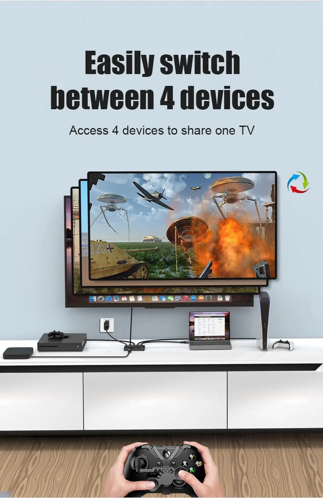 Alt view image 7 of 7 - Jansicotek Aluminum Shell HDMI 2.1 Switch 8K Directional 8K@60Hz 4K@120Hz 1440P@165Hz 1080P@240Hz 4in 1out High Speed 48Gbps eARC Converter with Remote Control Compatible with Xbox X PS5