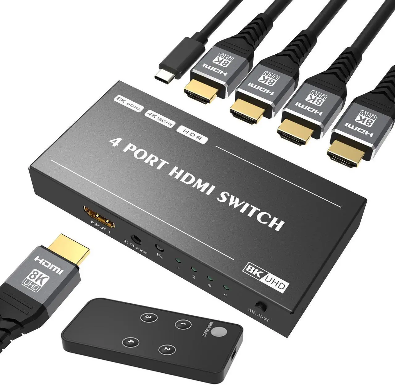 Main image of Jansicotek Aluminum Shell HDMI 2.1 Switch 8K Directional 8K@60Hz 4K@120Hz 1440P@165Hz 1080P@240Hz 4in 1out High Speed 48Gbps eARC Converter with Remote Control Compatible with Xbox X PS5
