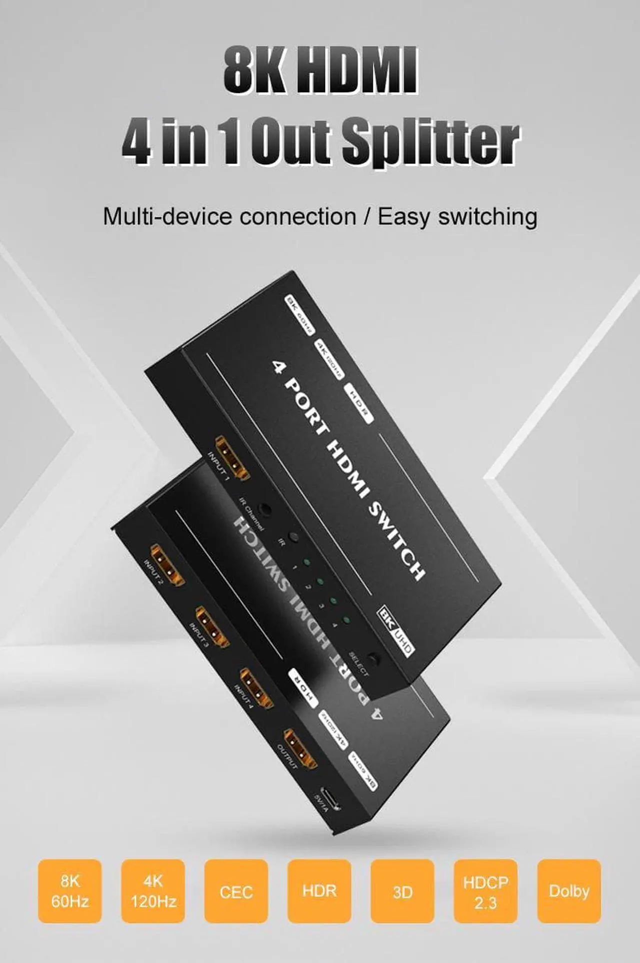 Alt view image 2 of 7 - Jansicotek Aluminum Shell HDMI 2.1 Switch 8K Directional 8K@60Hz 4K@120Hz 1440P@165Hz 1080P@240Hz 4in 1out High Speed 48Gbps eARC Converter with Remote Control Compatible with Xbox X PS5