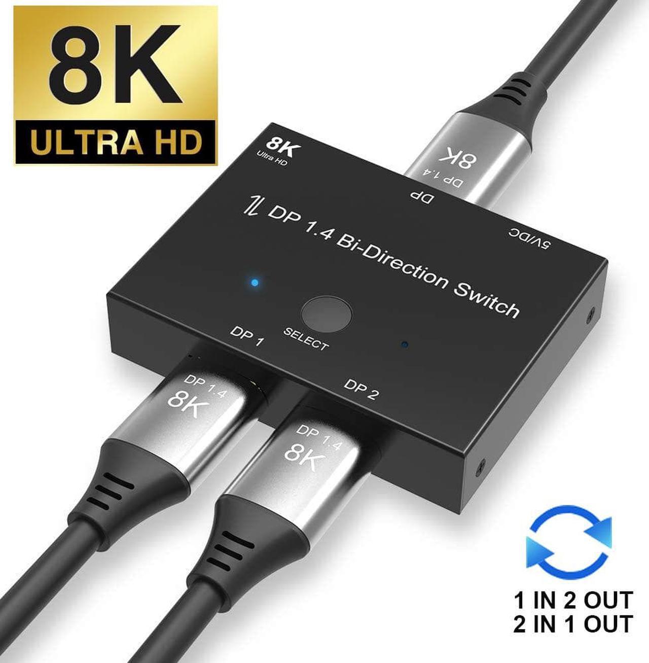 DisplayPort Switch 8K DP Switcher, DP 1.4 Switch Bi-Directional 2in 1Out/1in 2Out Support 8K@30Hz 4K@120Hz, 32 Gbps for 2 Computers 1 Monitor