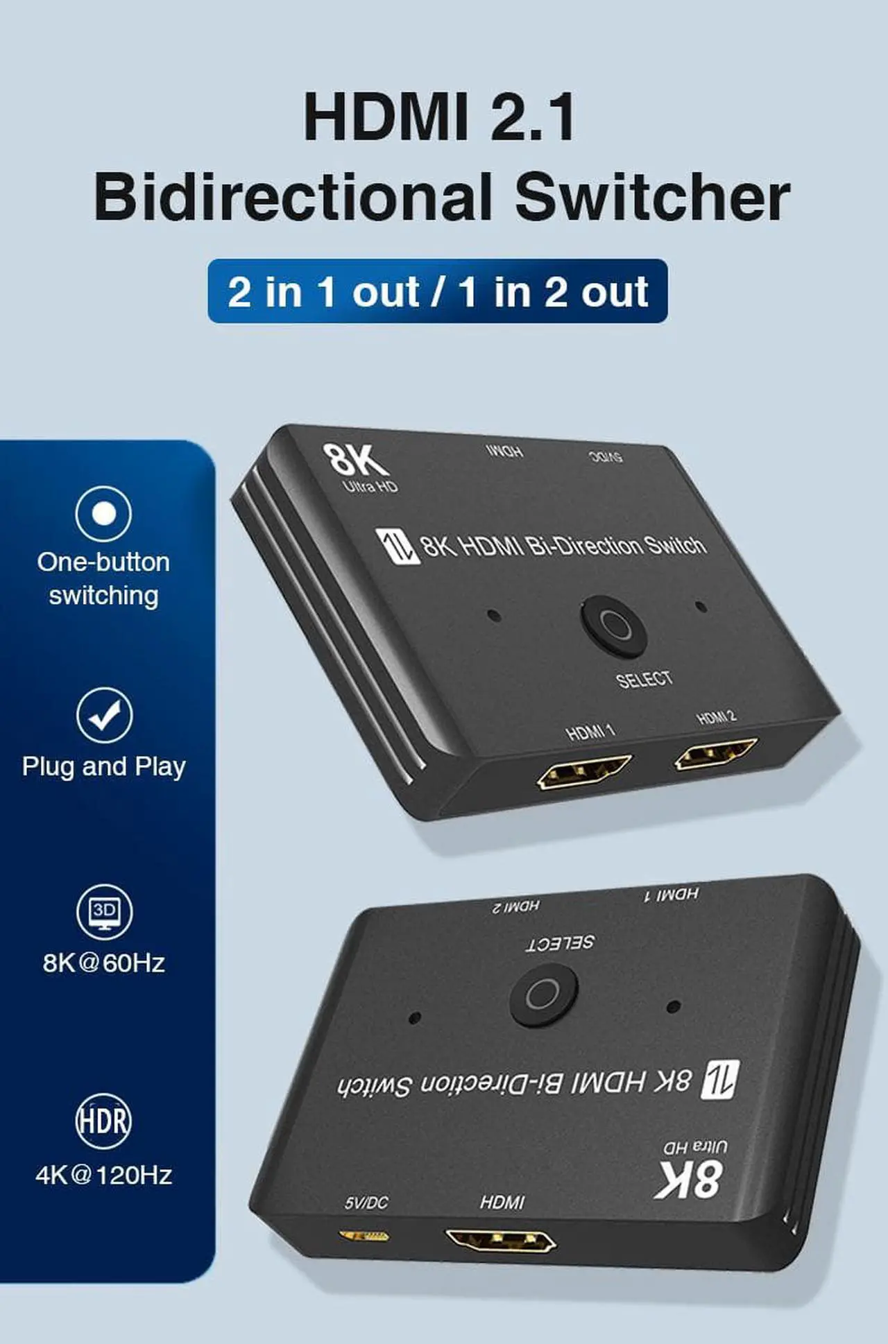 Alt view image 2 of 7 - HDMI 2.1 Switch 8K Ultra HD 2In 1Out/1In 2Out Bi-Directional Switcher  8K@60Hz 4K@120Hz 48Gbps with Switch Button Compatible with PS5 Xbox Set-top Box etc More