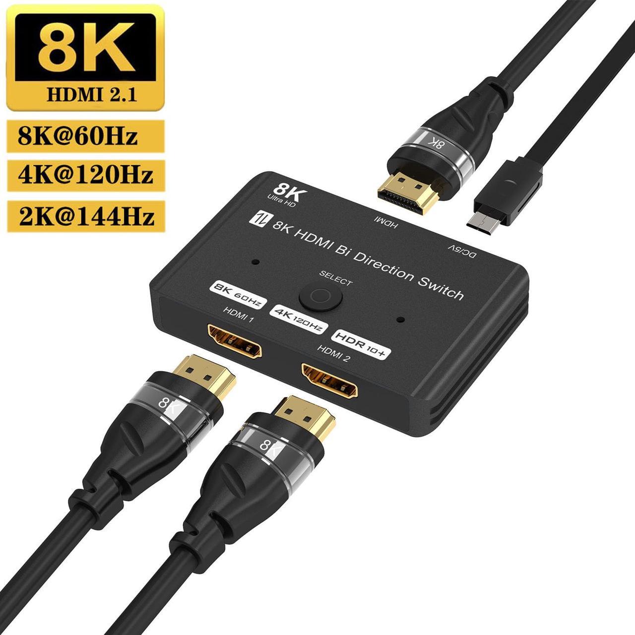 HDMI 2.1 Switch 8K, Jansicotek HDMI Switcher 2In 1Out/1In 2Out, 2 Port 4K 120Hz HDMI Selector Hub Support 8K@60Hz 48Gbps for Xbox Series X PS4 Pro PS5 Roku UHD TV Monitor Projector