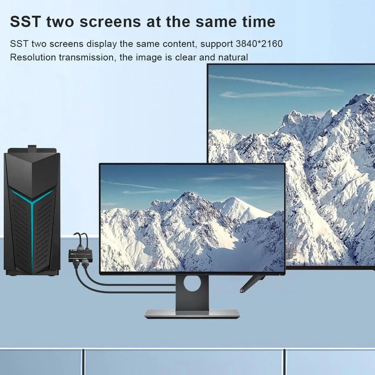 Alt view image 4 of 7 - 8K Displayport Splitter Switcher, Ultra HD 8K@30Hz 4K@120Hz Directional Switcher 1 in 2 Out DP to DP+HDMI Splitter Support High Speed 48Gbps 8K@30Hz for PS4/PS5, Xbox Series X